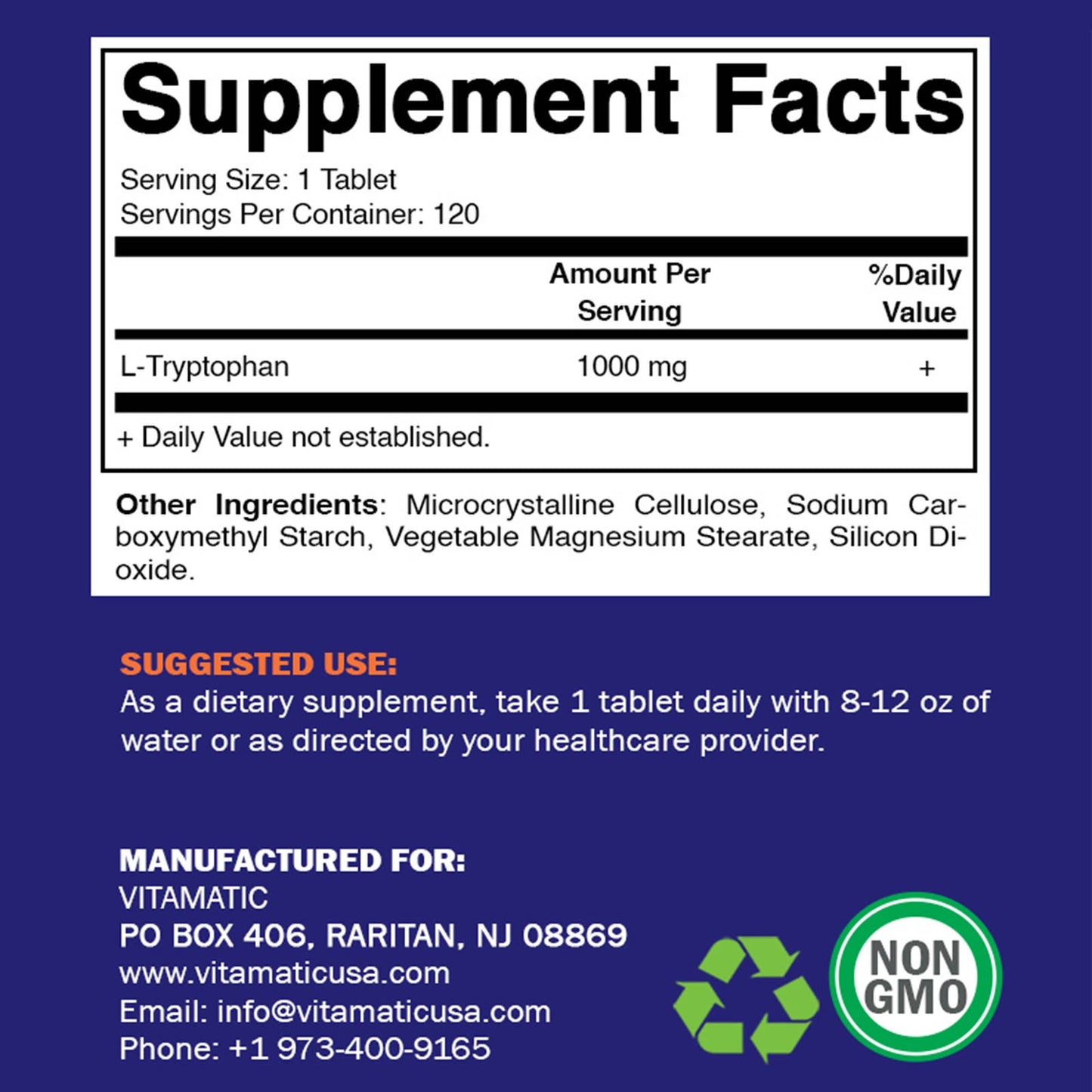 Vitamatic | L-Tryptophan 1000mg | 120 Tablets