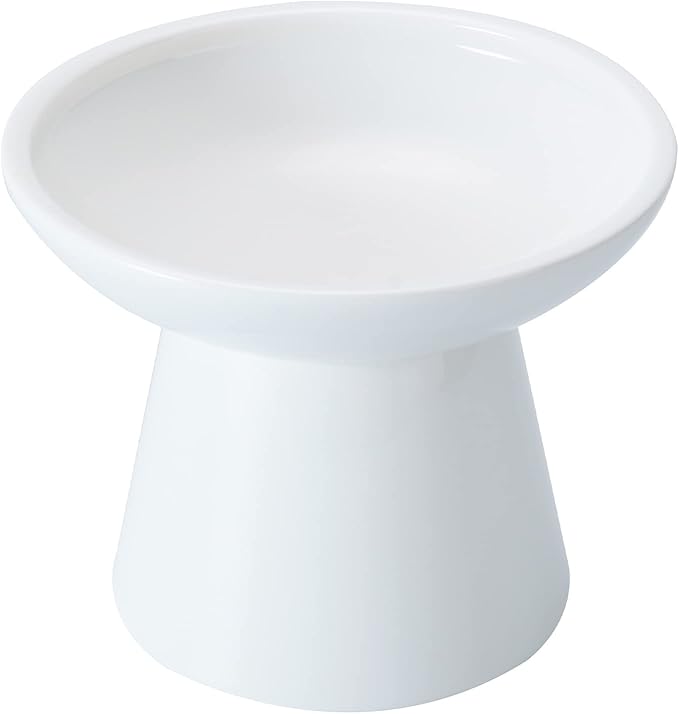 Extra Wide Elevated Ceramic Cat Bowl - 6.2" Shallow Dish for Whisker Fatigue Relief, 5" Height for Easy Feeding, Lead & Cadmium Free, Durable Raised Cat Food Bowls, White