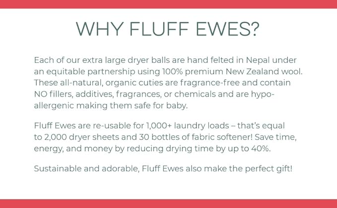 Fluff Ewes Wool Dryer Balls 6 Pack Premium New Zealand Wool Laundry Balls for Dryer, No Static Dryer Balls Laundry Reusable, XL Christmas Dryer Balls, Holiday Dryer Balls - Sheep in Heavenly Peace