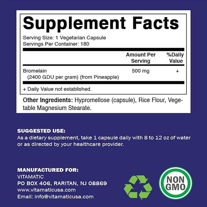Vitamatic Bromelain 500 mg (2400 GDU/gram) 180 Capsules