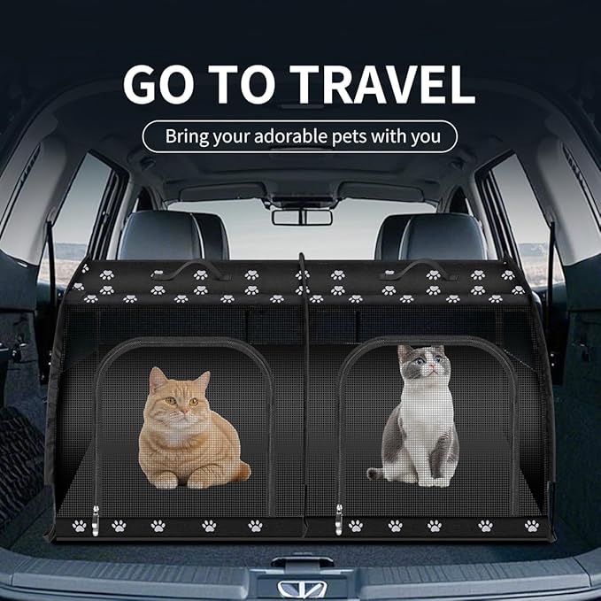 Double Cat Car Travel Carrier, Twin Compartment Show House Cat Cage/Condoļ¼Portable Pet Crate for 2 Cats Travel Double Dog Crate Set for Long Distance Travel