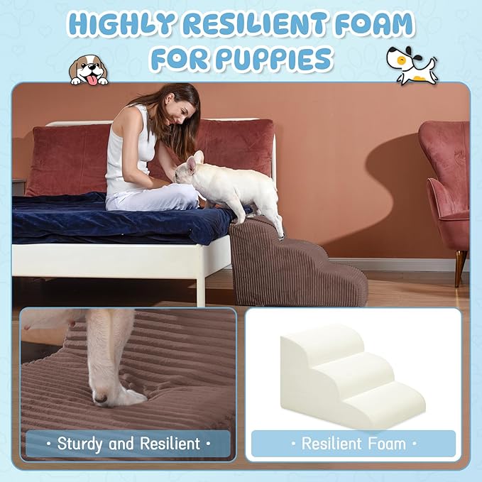 Dog Steps for Small Dogs, 4-Step Pet Ramp Stairs for High Beds and Sofa, Non-Slip Pet Stairs for Small Dogs and Cats, Removable and Easy to Clean Cover, Coffee