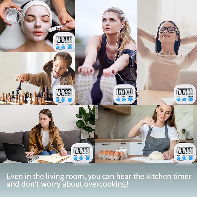 4 Pack Digital Kitchen Timer Magnetic Digital Timer with Big Display Loud Ring Cooking Timers for Cooking, Game, Gym, Break Time, Classroom(4, Pink, Blue, Purple, White)
