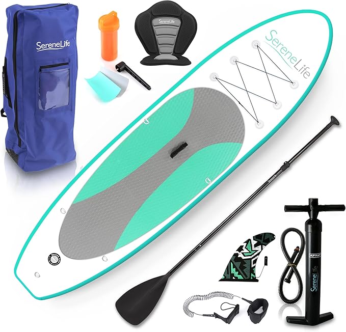 SereneLife Inflatable Stand Up Paddle Board with Premium SUP Accessories β Wide Stable Design with Non-Slip EVA Deck Pad for Adults and Youth of All Skill Levels