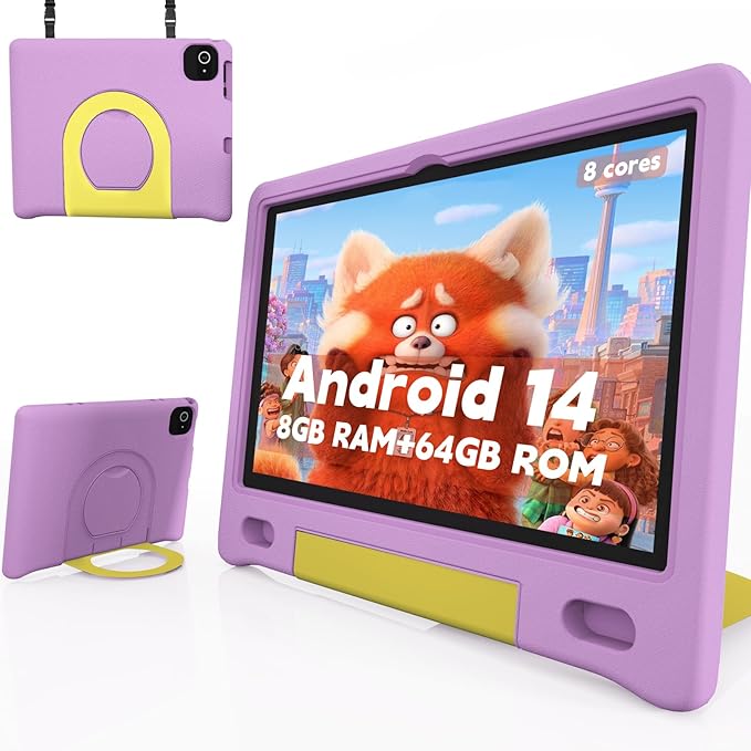 Kids Tablet with Strap, Android 14 Tablet for Kids 10 inch, Toddler Tablets Octa-Core 64GB 1TB Expandable, Children's Tablets with Case, Bluetooth WiFi Parental Control Dual