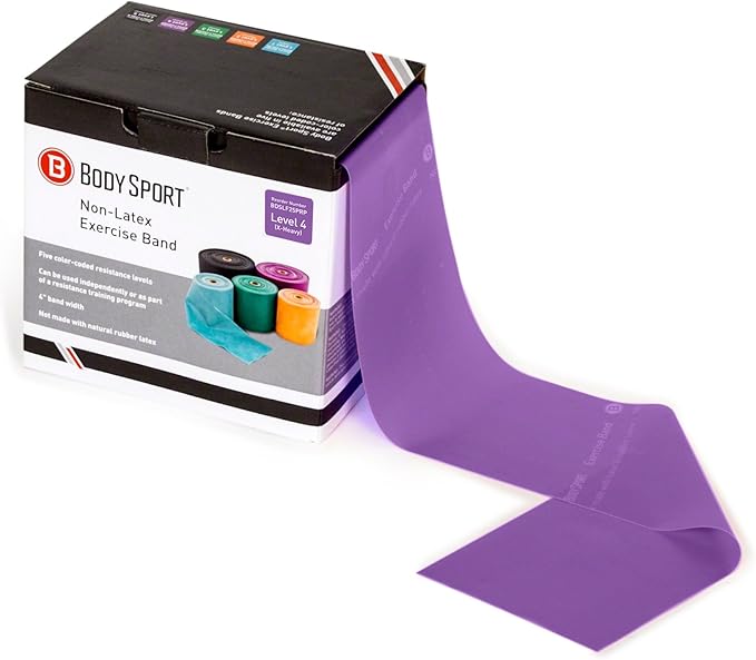 Body Sport Exercise Band, 25 yd. x 4 in. Roll, Extra Heavy Resistance - Home & Gym Fitness Equipment for Stretching, Strength Training & Physical Therapy (Purple)