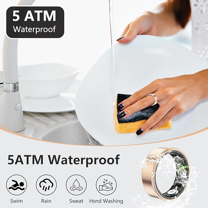 Thin Smart Ring for Fitness & Health Tracking -Heart Rate/Blood Oxygen Monitor, 5ATM Waterproof, Sleep Analysis, Pedometer -No APP Subscription Compatible with Smartphone (Rose Gold, 7)