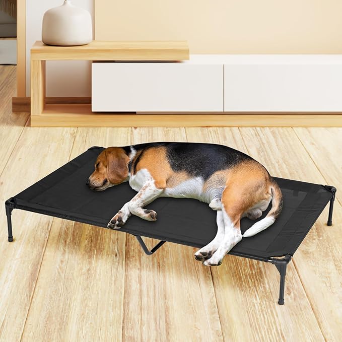 Elevated Dog Bed for Outdoor, Large Raised Dog Cot with Washable Mesh, Cooling Pet Cot Chew Proof for Outside Camping, 42"x30" Black