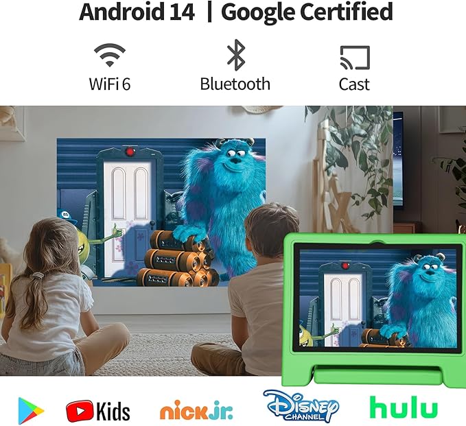 JREN Tablet for Kids|10 Inch Kids Tablet Android 14|Octa-core|64GB|WiFi |Bluetooth|Parental Control|Children Content|Children Toddler Green