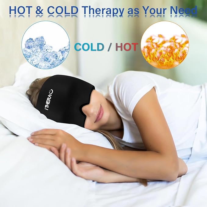 iTHERAU Migraine Relief Cap, Soothing Headache Hat, Gel Ice Pack Head Wrap with Hot and Cold Therapy, Headache Relief Cap for Sinus, Puffy Eyes, Tension and Stress Relief