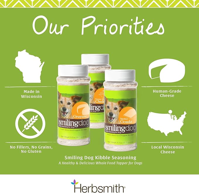 Herbsmith Smiling Dog Kibble Seasoning β Freeze Dried Cheese Food Topper - Smoked Gouda β All Natural, Human-Grade Topper for Dogs - 6 oz