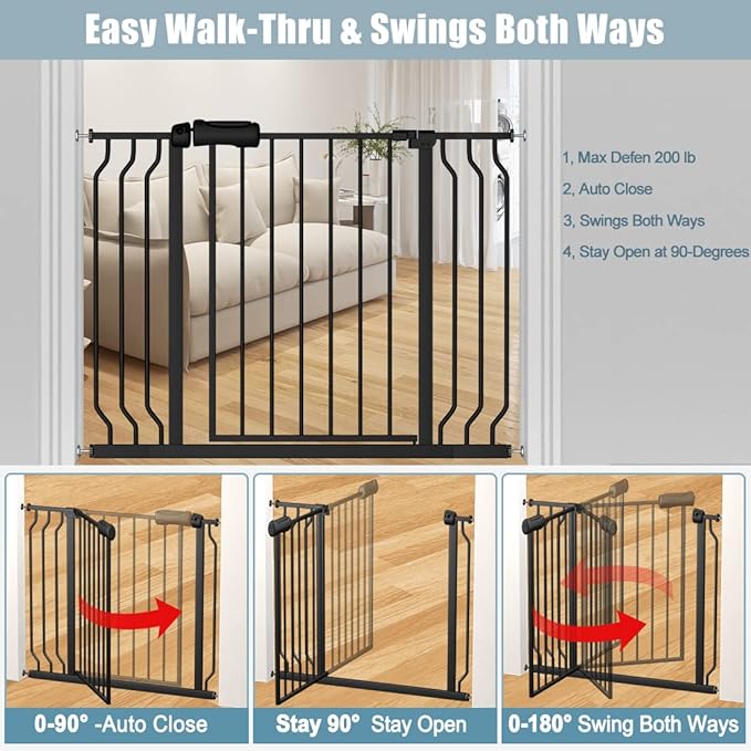 Extra Wide Baby Gate With 14.17in Extensions - Walk Through Pressure Mount Auto Close Child Safety Gate (Black, Extension-14.17"/36cm)