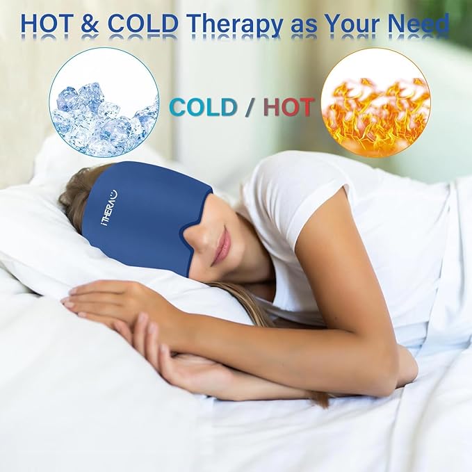 iTHERAU Migraine Relief Cap,Migraine Ice Head Wrap,Headache Ice Hat,Cold Therapy Headache Relief Cap for Migraine Eyes Mask Dark Blue Headache Ice Pack Stress Relief