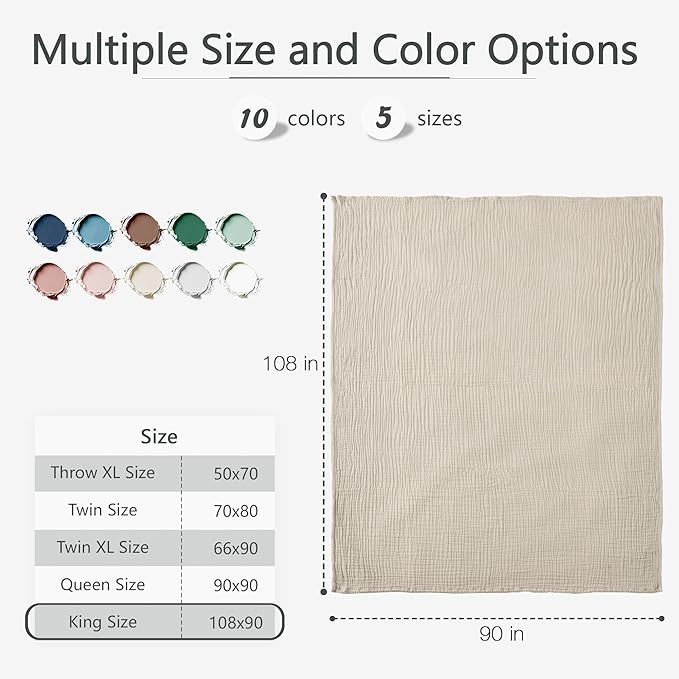 Carriediosa 100% Cotton Muslin Throw Blanket 108" X 90" King Size,4-Layers Summer Gauze Throws for Bed Couch,Soft Lightweight Breathable Linen Blankets Bedspread for Adults All Season,Khaki