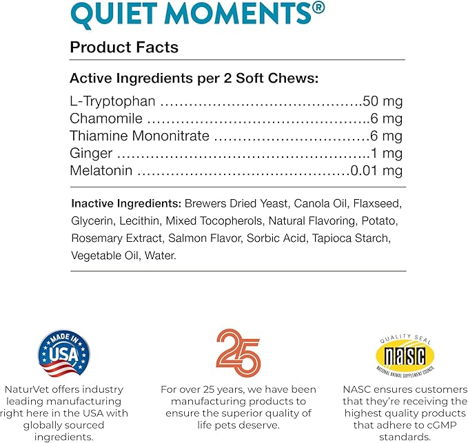 NaturVet Quiet Moments Calming Aid Cat Supplement Plus Melatonin β Helps Reduce Stress in Cats β for Pet Storm Anxiety, Motion Sickness, Grooming, Separation, Travel β 50 Ct. Soft Chews