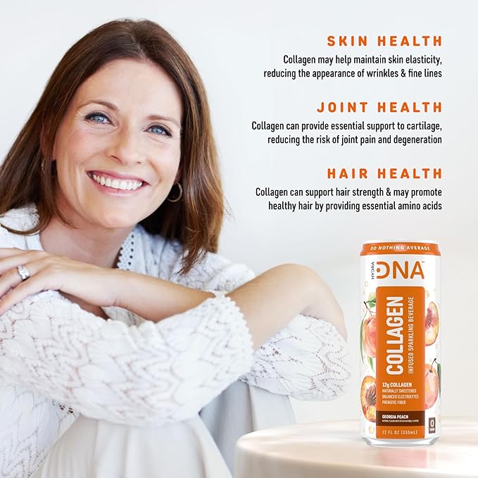 HYDRADNA- Sparkling Liquid Collagen Protein Water Drink Balanced Nutrients for Wellness - Sugar-Free - Keto-Friendly - No Gluten (12 Pack) Georgia Peach