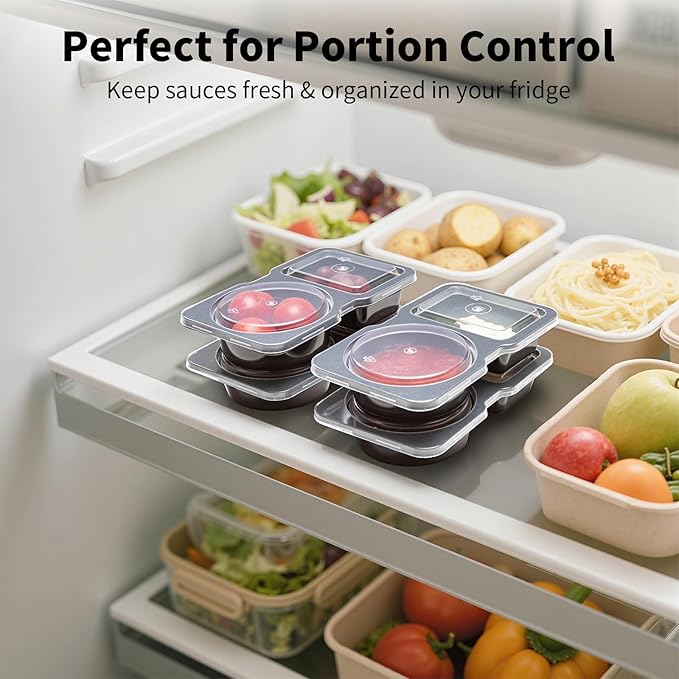 20 Sets Reusable Snack Containers with Lids & 20 Sporks – Double Compartment for Portion Control, BPA-Free Leak-Proof Dipping Containers for Meal Prep, Travel, and Outdoor Snacks (Black)