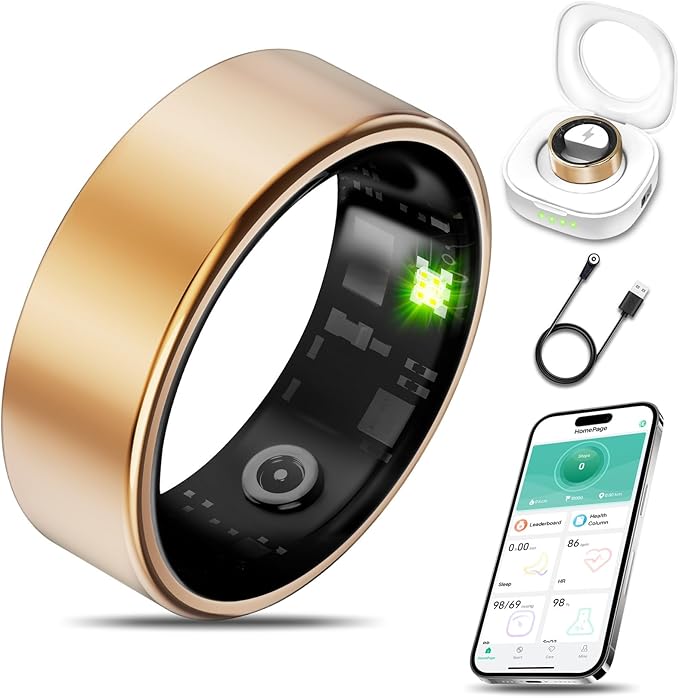 Smart Health Ring for Women Men Fitness Tracker with Heart Rate, Blood Oxygen, Blood Pressure, Sleep Monitoring, Step Counting, IP68 Waterproof for iPhone and Android, No APP Fee, Gold 11