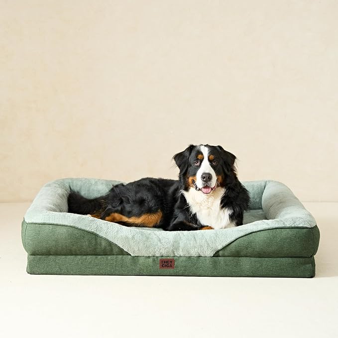 EHEYCIGA Memory Foam Dog Bed for Large Sized, Orthopedic Dog Sofa with Sides and Waterproof Liner, Washable Bolster Pet Couch with Removable Cover, 36x27x7 Inch, Green