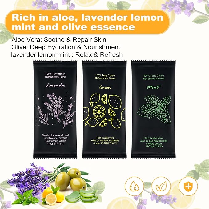 Moist Cotton Towel Bulk Moist Towelettes Individually Wrapped 8.7" x 8.7",White Towel Services,Refreshment Pre Moistened Towels Lavender, Lemon and Mint for Sport Party Spa (pack of 60)