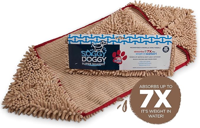 Soggy Doggy Super Shammy Dog Towel - Microfiber Chenille Towel for Drying Dogs and Cleaning Paws - Fast Drying with Hand Pockets for Ease (Beige/Red Trim, 31β x 14β)