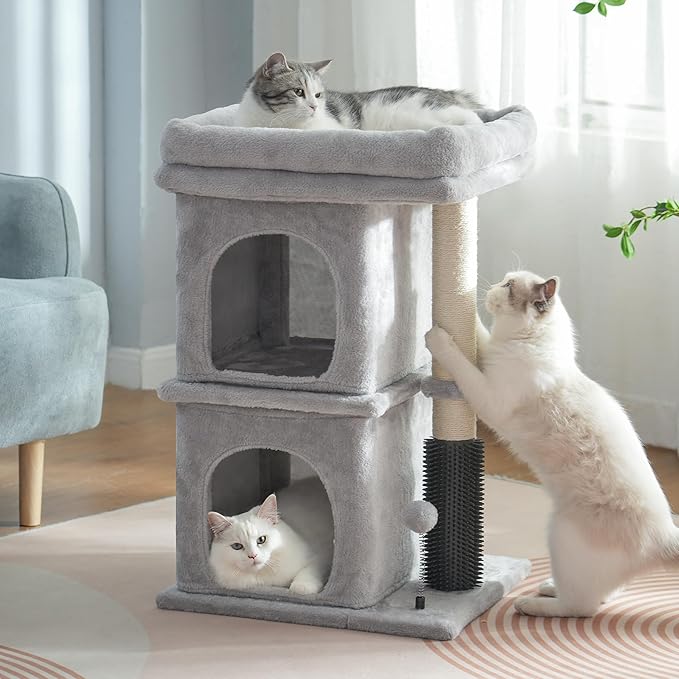 Cat Tree with Large Top Bed 17.7x15.7β Small Cat Tower with Dual Condos,28β Fully Scratching Post and Self Groomer for Indoor Cats-Grey