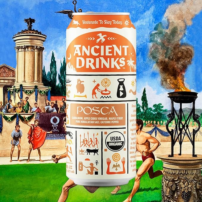ANCIENT DRINKS Apple Cider Vinegar Beverage with Electrolytes, Vitamins, & Probiotics, Organic, Super-Hydrating Sports Drink - Posca (Cayenne & Cardamom) - 16 fl oz (12 cans)