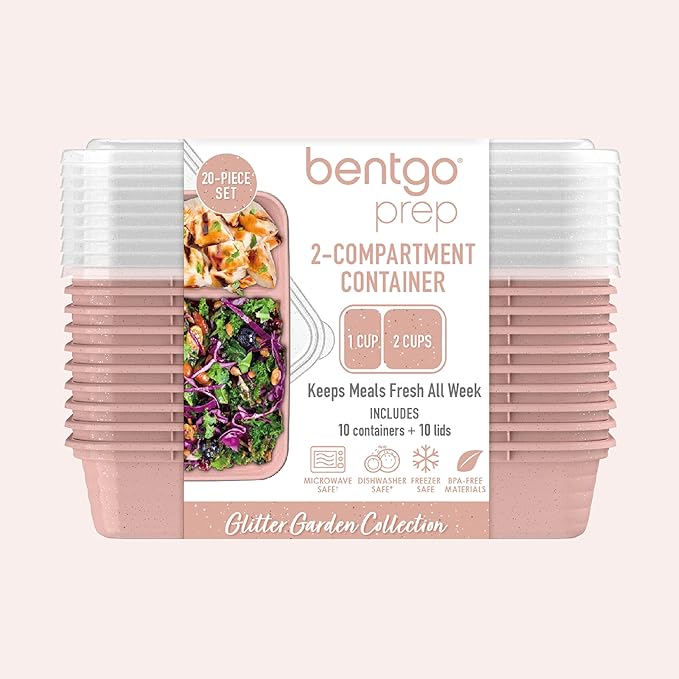 Bentgo 20-Piece Glitter Lightweight, Durable, Reusable BPA-Free 2-Compartment Containers - Microwave, Freezer, Dishwasher Safe (Glitter Garden Edition - Sweet Pea Glitter)