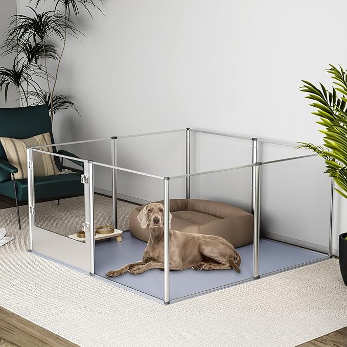 Dog Clear Playpen Fence Kennel: 32β Extra Tall Indoor Pet Birthing Cage Whelping Box with Waterproof Fertility Pad - 52βx52β Extra Large Dogs Exercise Crate Pen Made by Acrylic and Aluminum Frame