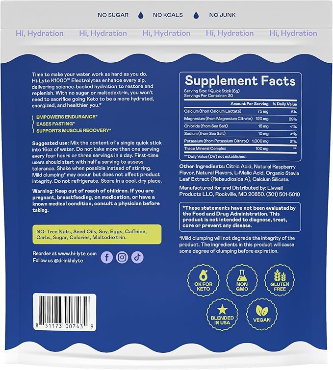 Hi-Lyte Keto & Performance - K1000 Electrolyte Quick Sticks - Blue Raspberry - 1000mg Potassium, Magnesium, Calcium - Single-Serve Packets for Keto Hydration Support - No Sugar, No Carbs