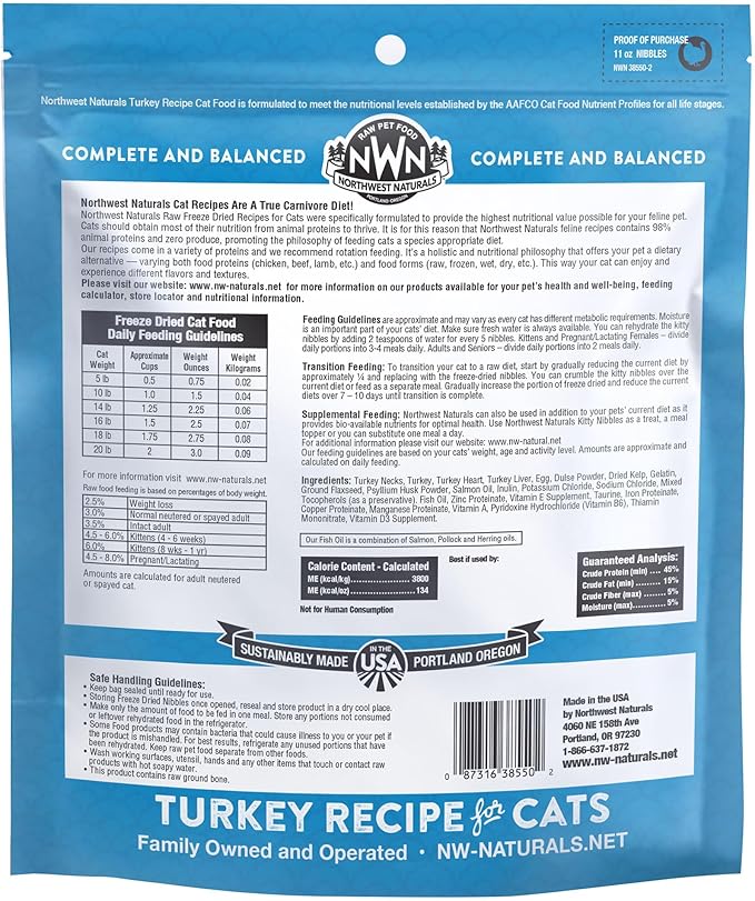 Northwest Naturals Freeze-Dried Turkey Cat & Kitten Food β Bite-Sized Nibbles β Healthy, Limited, Human-Grade Ingredients, All-Natural, High-Protein Raw Diet β Complete & Balanced β 11 oz (Pack of 3)