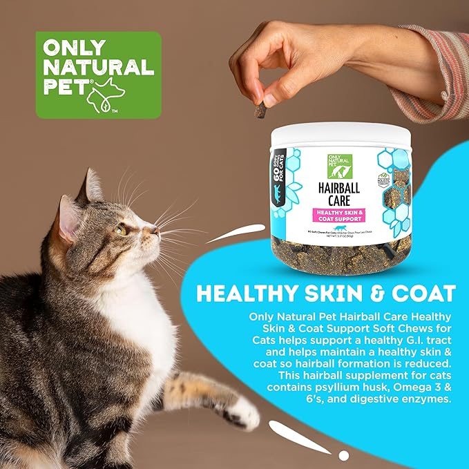 Only Natural Pet Hairball Care - Healthy Skin and Coat Support - Soft Chews for Cats β Digestive Supplement with Flaxseed, Psyllium Husk and Corn Silk β Chicken and Liver Flavor β 60 Count