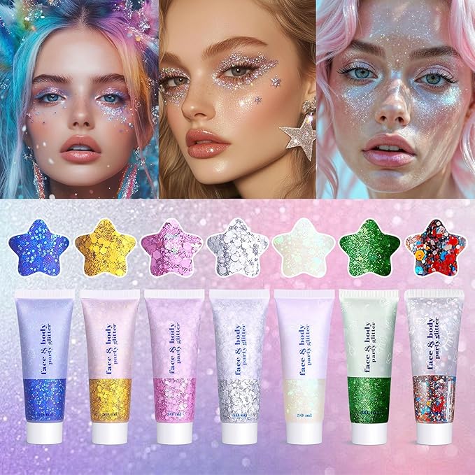 Body Glitter Gel - 4th of July Accessories, Sparkly Chunky Glitter Hair for Kids Women, Iridescent Glitter Freckles, Singer Concert Festival Rave Accessories (Mermaid Glitter)