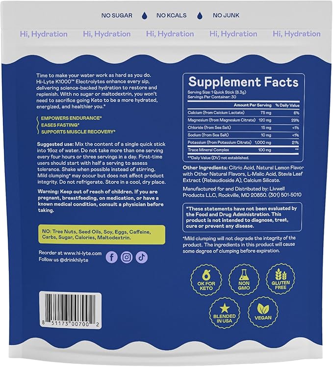 Hi-Lyte Keto & Performance - K1000 Electrolyte Quick Sticks - Lemonade - 1000mg Potassium, Magnesium, Calcium - Single-Serve Packets for Keto Hydration Support - No Sugar, No Carbs