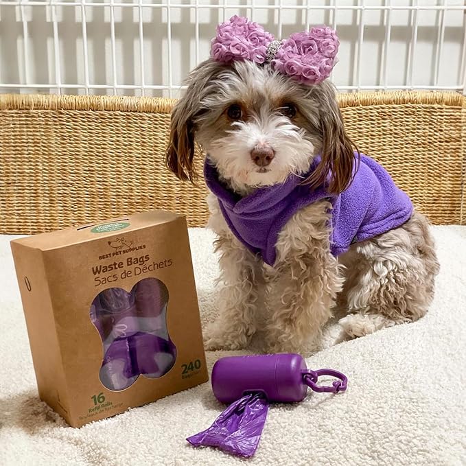 Best Pet Supplies Dog Poop Bags (240 Bags) for Waste Refuse Cleanup, Doggy Roll Replacements for Outdoor Puppy Walking and Travel, Leak Proof and Tear Resistant, Thick Plastic - Purple