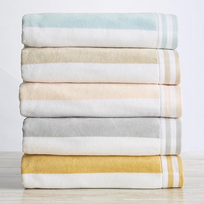 Great Bay Home 100% Cotton Velour 4 Pack Beach Towels 30" x 60" - Green/White Cabana Stripe Pool Towels - Quick Dry, Large Swim Towels