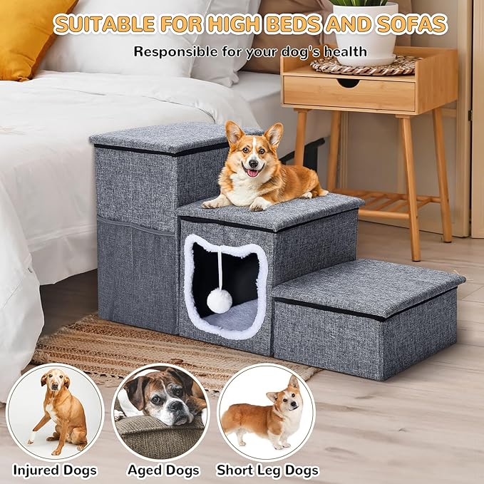 Bilibrara Dog Stairs for Small Dogs, Foldable Pet Steps for High Bed, Non-Slip 3-Step Cat Stairs with Storage, Condo and Fluffy Ball, Small Dog Indoor Ramp for Couch Window, 16'' H