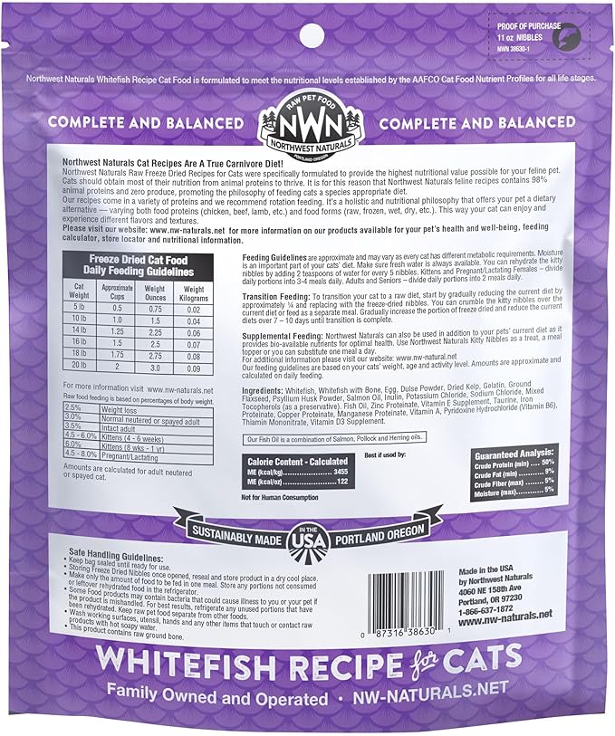 Northwest Naturals Freeze-Dried Whitefish Cat & Kitten Food β Bite-Sized Nibbles, Healthy, Limited, Human-Grade Ingredients, All-Natural, High-Protein Raw Diet, Complete & Balanced, Grain-Free β 11 oz