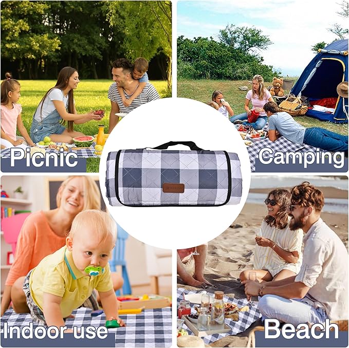 HX&OD Outdoor Picnic Blanket, Extra Large, 80''x60'' Waterproof Foldable Blankets Gingham Picnic Mat for Beach, Camping Grass Lawn Park Accessories Cute Couple Ideas Wedding (Gray, 80βx60β)