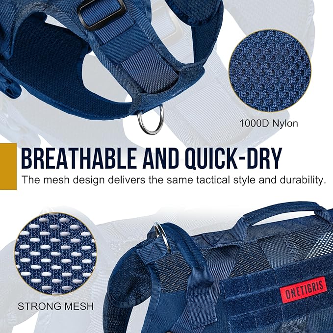 OneTigris No Pull Tactical Dog Harness for Small Medium Dogs, Mesh Design Service Dog Vest Breathable Military Dogs Molle Vests with Handles, Harness for Walking Hiking Training (Blue, M)