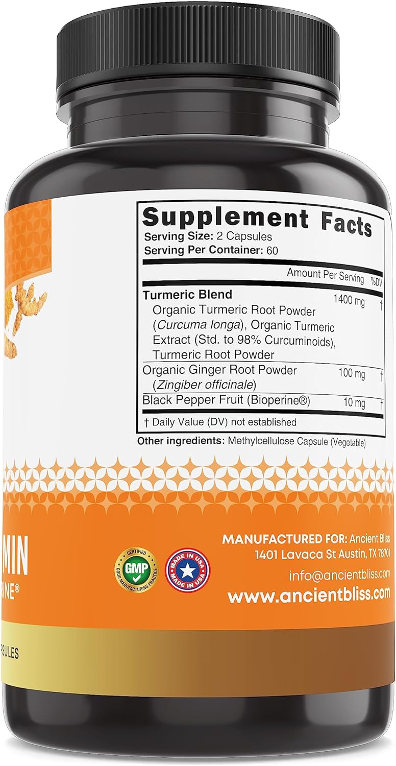 Ancient Bliss Turmeric Curcumin 1500mg 120 Caps Ginger Black Pepper