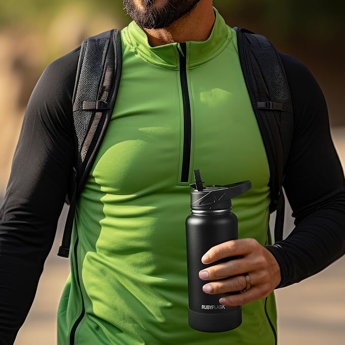 40oz Insulated Water Bottle with Straw, Stainless Steel Metal Vacuum Water Flask, Large Thermal Water bottle with Leakproof 3 Lids for Travel, Camping, Gym Sports Navy