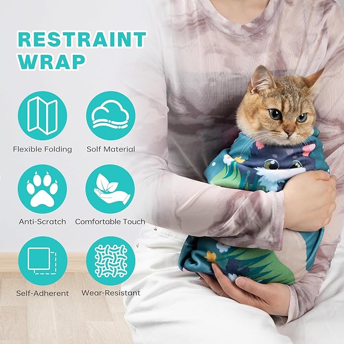 Cat Grooming Wrap, Cat Wrap for Cutting Nails, Self-Adherent Fabric Wrap for Cats, Cat Burrito Wrap Anti-Scratch, Anti-Escape, Multifunctional Swaddle Wrap Pet Tool 21.6Γ21.6"
