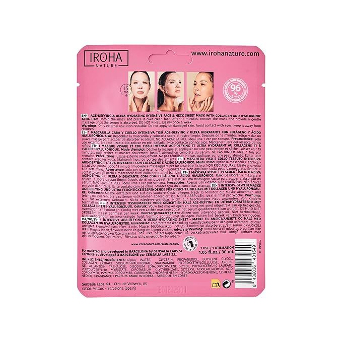 IROHA NATURE Anti-Aging Face & Neck Tissue Mask with Collagen (Pack of 15) | Firms and Prevents Wrinkles and Fine Lines | Visible Results in 15 Minutes | 96% Natural Ingredients | Mature Skin