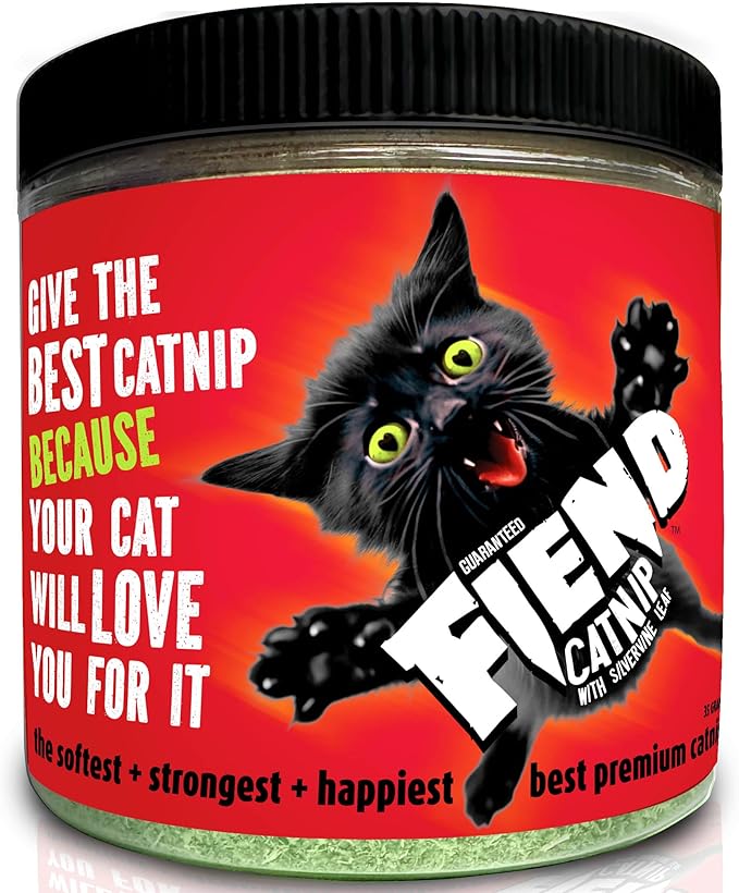 Fiend Catnip + Silvervine for Cats & Kittens Safety-Cut Premium Fine Cat Nip Blend with Vegan Silvervine + Sticker β Ultra Potent, North American β 1 Cup (34.5g) Go Ahead, Create a Monster!