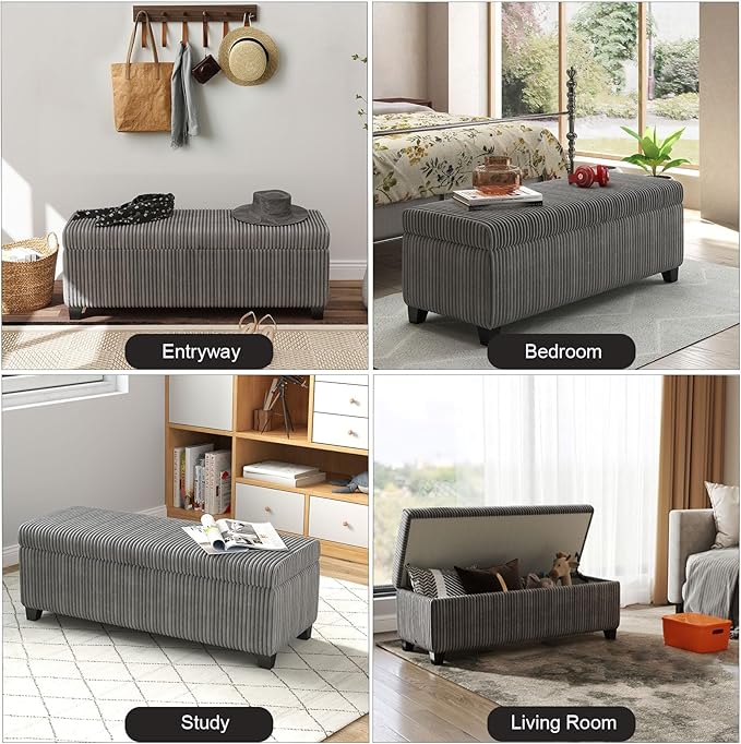 48" Ottoman with Storage, Corduroy Storage Ottoman Bench for Bedroom, End of Bed Bench with Safety Hinge for Living Room, Bedroom, Entryway, Grey