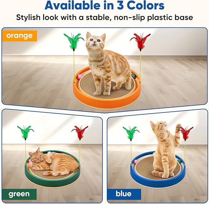 20-Inch Round Cat Scratcher with Ball Track β 3-in-1 Cardboard Scratching Pad with Feather Toy & Non-Slip Base β Interactive Cat Toy for Indoor Cats, Kittens & Large Cats (Blue)