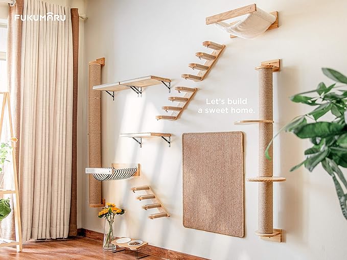 FUKUMARU Hammock Wall Mounted Cat Beds and Perches, Wooden Kitten Walls Furniture, Stable Cats Shelves for Sleeping, Playing, Climbing, and Lounging, Black Stripe