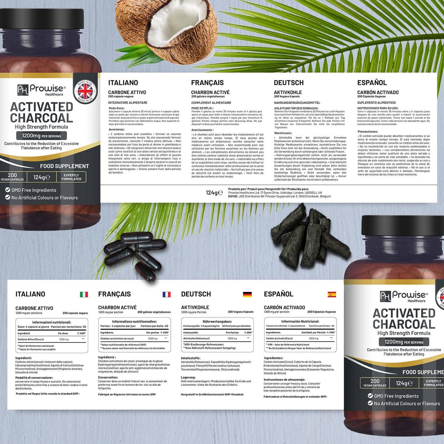 Activated Charcoal Capsules 1200mg 200 High Strength Vegan Capsules Coconut Shell