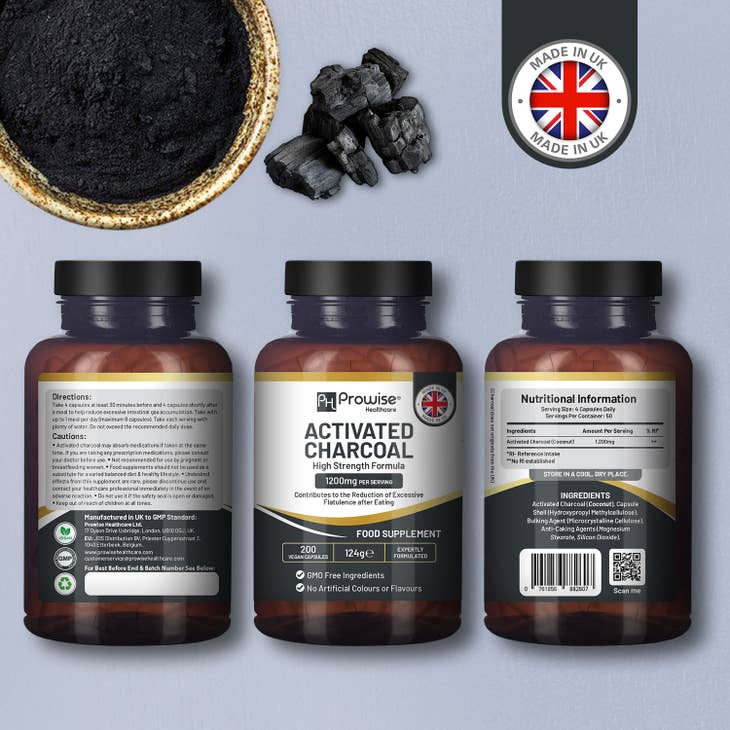 Activated Charcoal High Potency 1200mg 200 Caps Made in UK Prowise